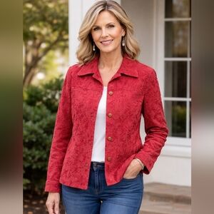 Appleseed's Artisan floral Embroider Stitch Denim Jacket Cranberry